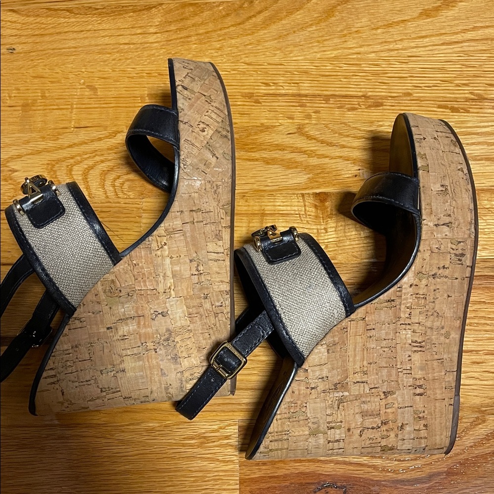 Tory Burch Black and Tan Wedge Sandals - Picture 3 of 6